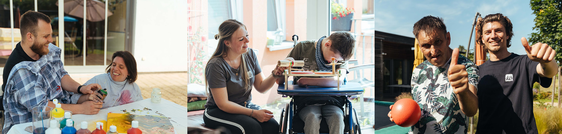 Luftaufnahme einer Stadt in sonniger Landschaft, daneben ein Mitarbeiter, der sich vor einem wei&szlig;en Firmenauto mit Logo &bdquo;Leben mit Behinderung Ortenau e.V.&ldquo; postiert, sowie zwei fr&ouml;hlich l&auml;chelnde Menschen vor einer Holzwand.