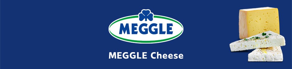 Meggle Cheese Werbebanner mit Markenschriftzug und K&auml;se-Arrangement