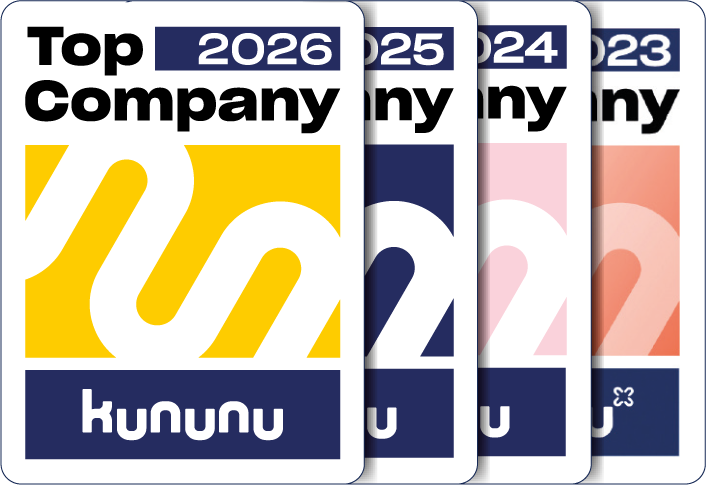 Drei Auszeichnungen von kununu f&uuml;r die Jahre 2023, 2024 und 2025 mit dem Text Top Company.