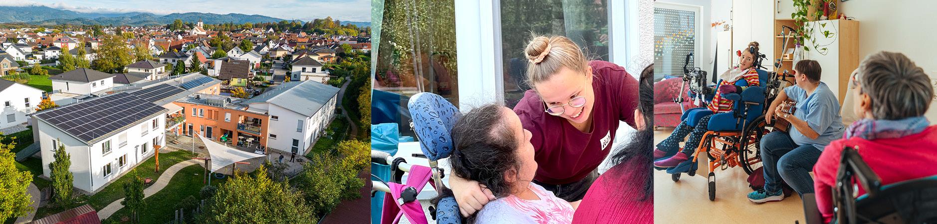 Luftaufnahme einer Stadt in sonniger Landschaft, daneben ein Mitarbeiter, der sich vor einem wei&szlig;en Firmenauto mit Logo &bdquo;Leben mit Behinderung Ortenau e.V.&ldquo; postiert, sowie zwei fr&ouml;hlich l&auml;chelnde Menschen vor einer Holzwand.