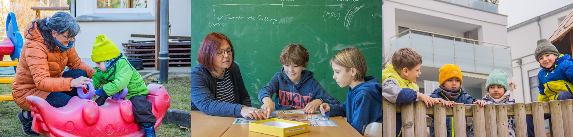 Luftaufnahme einer Stadt in sonniger Landschaft, daneben ein Mitarbeiter, der sich vor einem wei&szlig;en Firmenauto mit Logo &bdquo;Leben mit Behinderung Ortenau e.V.&ldquo; postiert, sowie zwei fr&ouml;hlich l&auml;chelnde Menschen vor einer Holzwand.